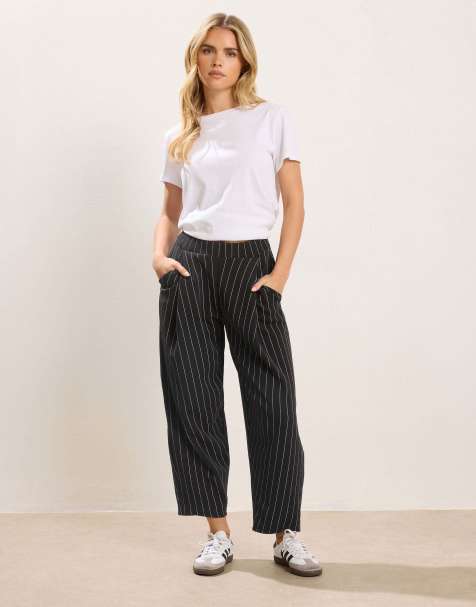 PixieGirl Petite stripe barrel leg trousers in black