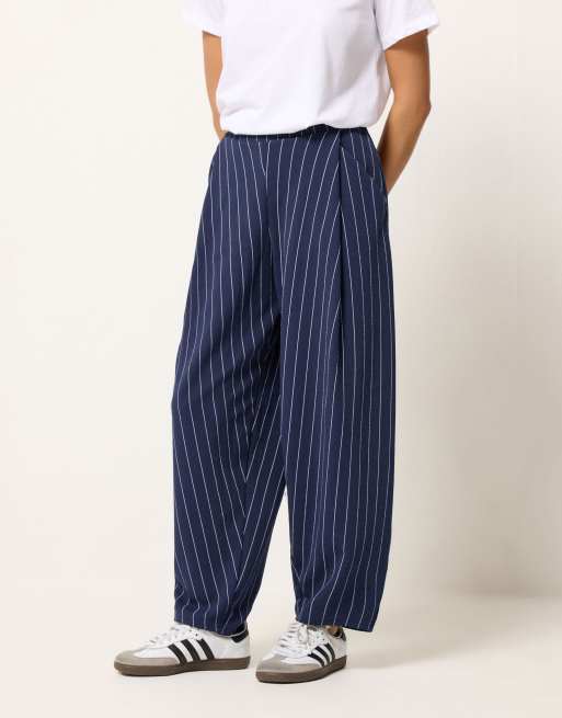 PixieGirl Petite stripe barrel leg trousers in blue, 2 of 4