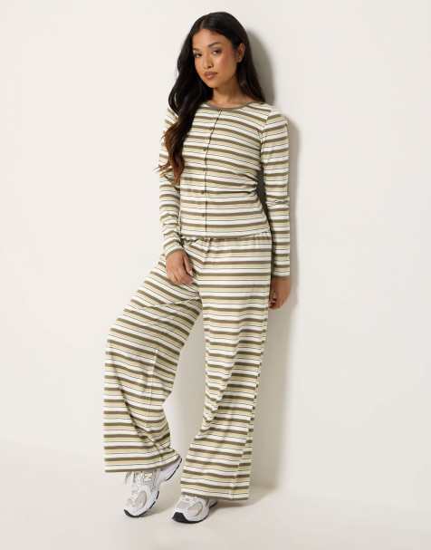 PixieGirl Petite stripe cotton button top & wide leg trousers in brown - view 1