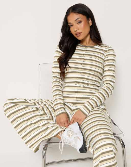 PixieGirl Petite stripe cotton button top & wide leg trousers in brown, 2 of 4