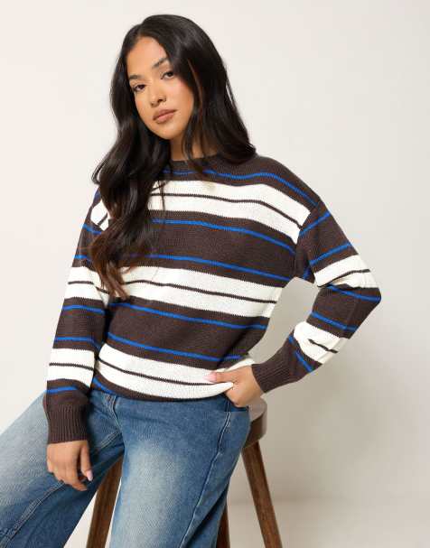 PixieGirl Petite stripe knitted jumper in brown - view 1