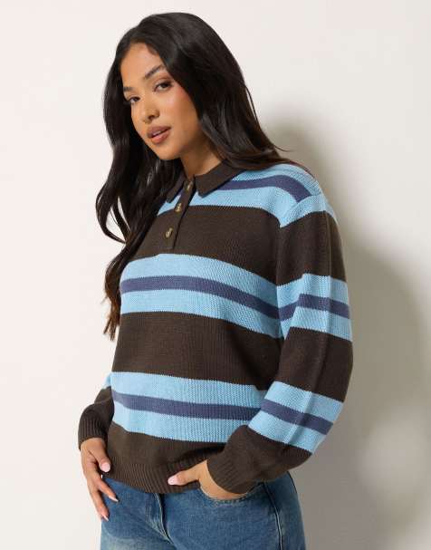PixieGirl Petite stripe polo jumper in brown - view 1