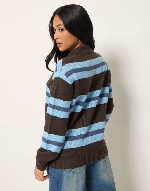 PixieGirl Petite stripe polo jumper in brown, 3 of 4