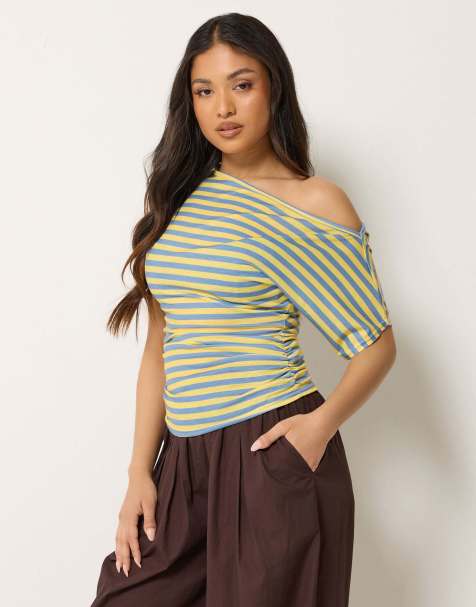PixieGirl Petite stripe slash neck ruched t-shirt in blue