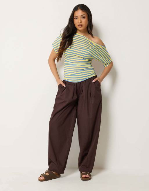 PixieGirl Petite stripe slash neck ruched t-shirt in blue, 2 of 4
