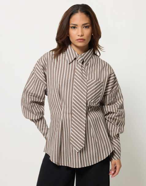 PixieGirl Petite stripe tie shirt in brown - view 1