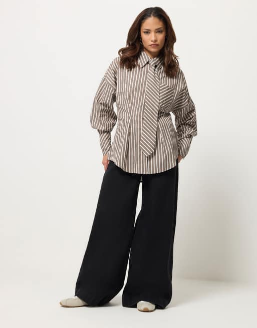 PixieGirl Petite stripe tie shirt in brown, 2 of 4
