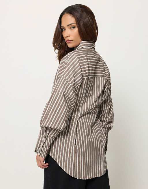 PixieGirl Petite stripe tie shirt in brown, 3 of 4