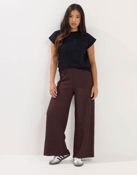 PixieGirl Petite textured wide leg trousers in brown