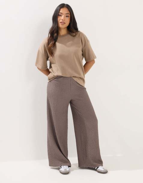 PixieGirl Petite textured wide leg trousers in brown