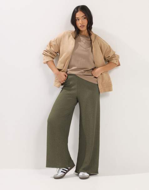 PixieGirl Petite textured wide leg trousers in green - view 1