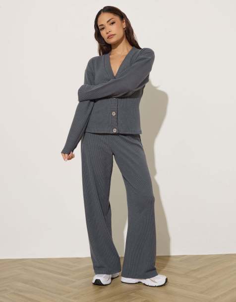 PixieGirl Petite textured wide leg trousers in grey - view 1