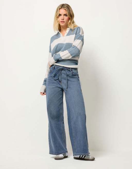 PixieGirl Petite tie wide leg jeans in blue, 3 of 4