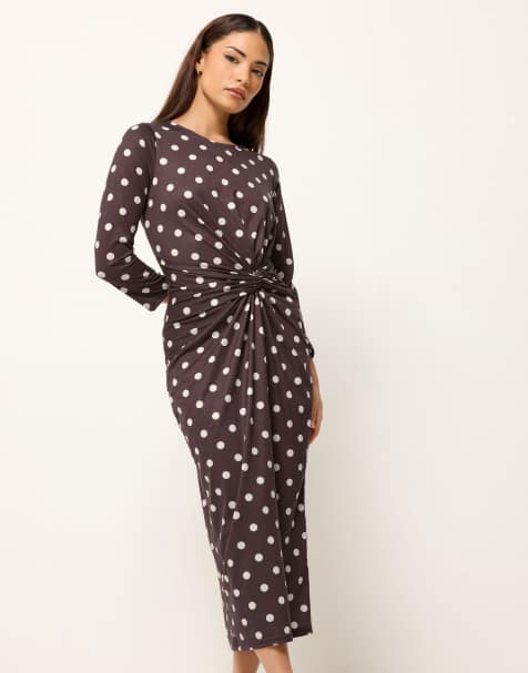 PixieGirl Petite twist front midi dress in brown - view 1