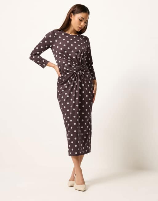 PixieGirl Petite twist front midi dress in brown, 2 of 4