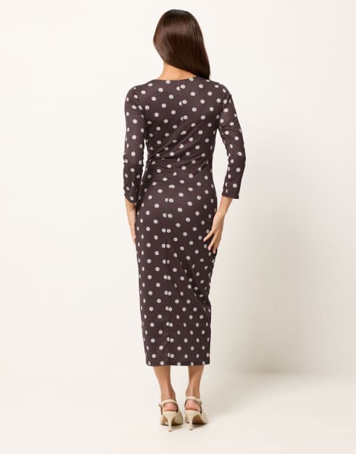 PixieGirl Petite twist front midi dress in brown, 3 of 4
