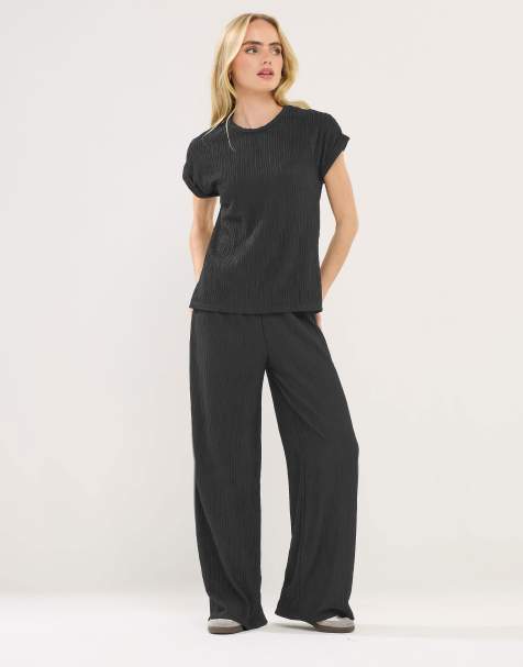PixieGirl Petite wide leg textured trousers in black