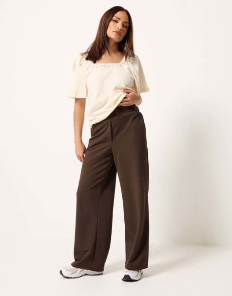 PixieGirl Petite wide leg trousers in brown - view 1