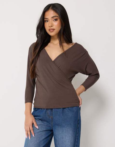 PixieGirl Petite wrap top in brown - view 1