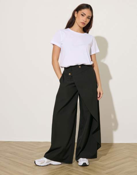PixieGirl Petite wrap wide leg trousers in black - view 1
