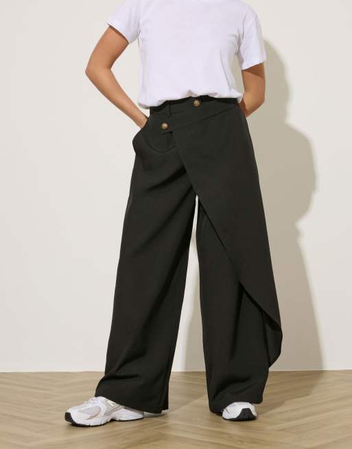 PixieGirl Petite wrap wide leg trousers in black, 2 of 5