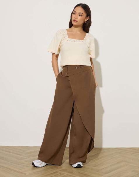 PixieGirl Petite wrap wide leg trousers in brown - view 1