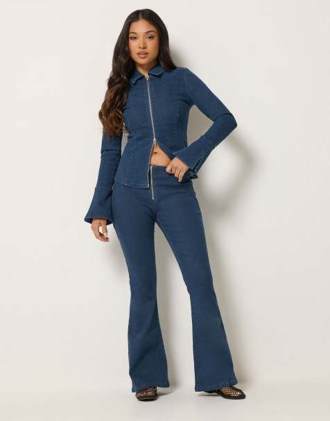 PixieGirl Petite zip front kick flare jeans in blue - view 1