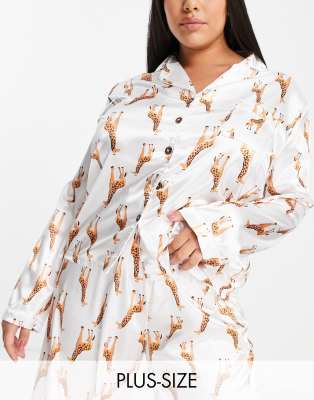 Ночная одежда  Asos Пижама из атласа с принтом жирафов Night Plus-Белый