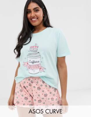Пижама с топом и шортами с принтом "caffeine" ASOS DESIGN Curve-Мульти