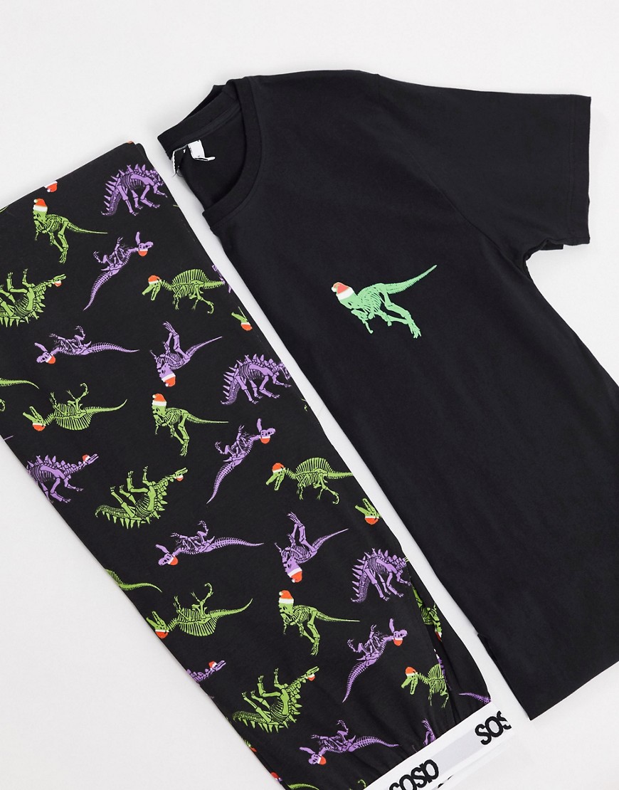 фото Пижамный комплект из футболки и брюк в новогоднем стиле с принтом динозавров asos design-черный