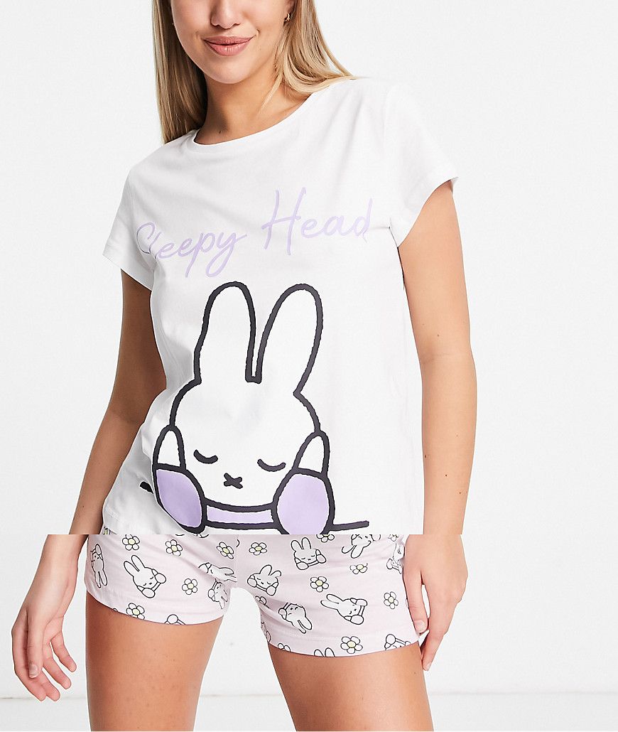 фото Пижамный комплект из шорт и футболки с надписью "sleepy head" и кроликом миффи белого и сиреневого цветов miffy-фиолетовый цвет poetic brands
