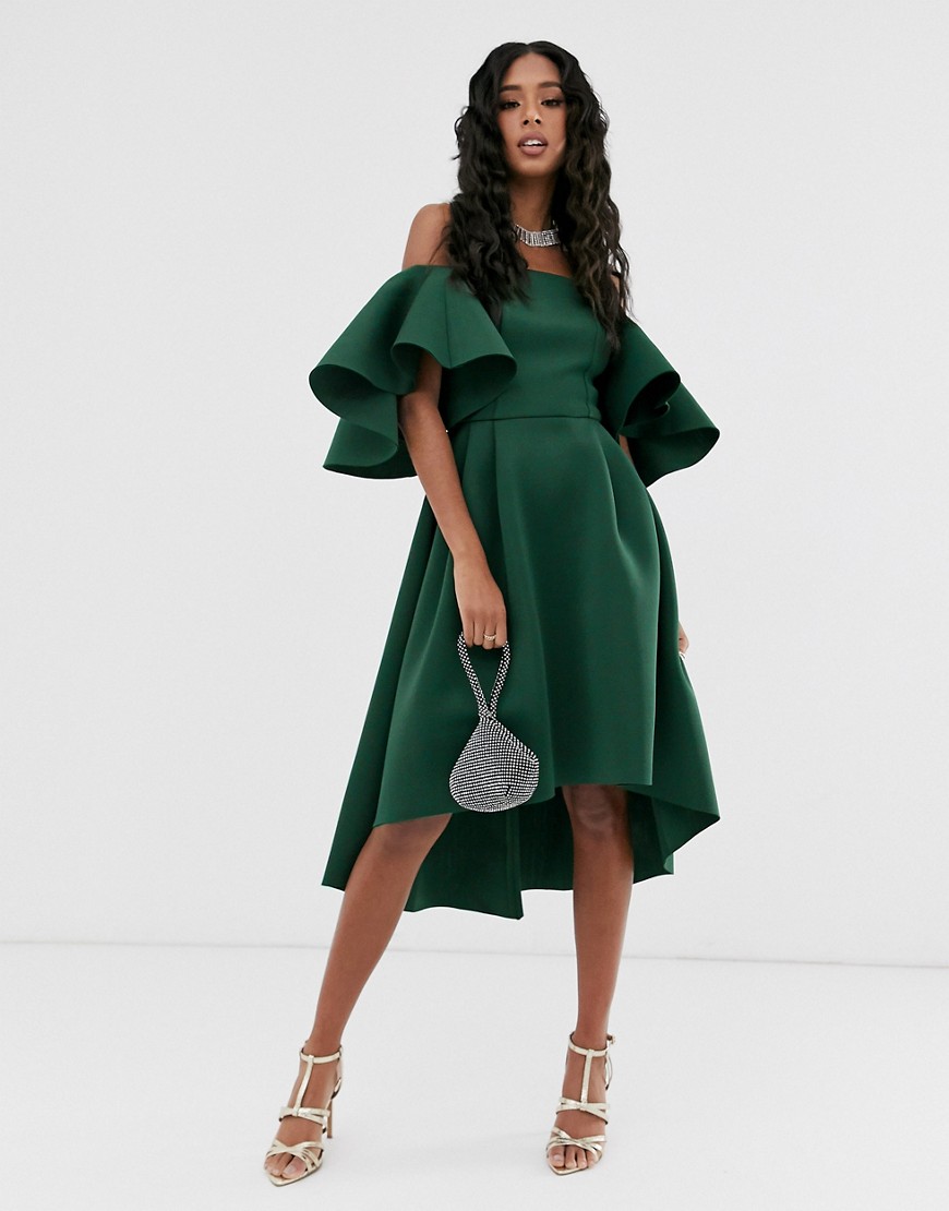 Платье-бандо миди для выпускного с расклешенными рукавами ASOS DESIGN-Зеленый