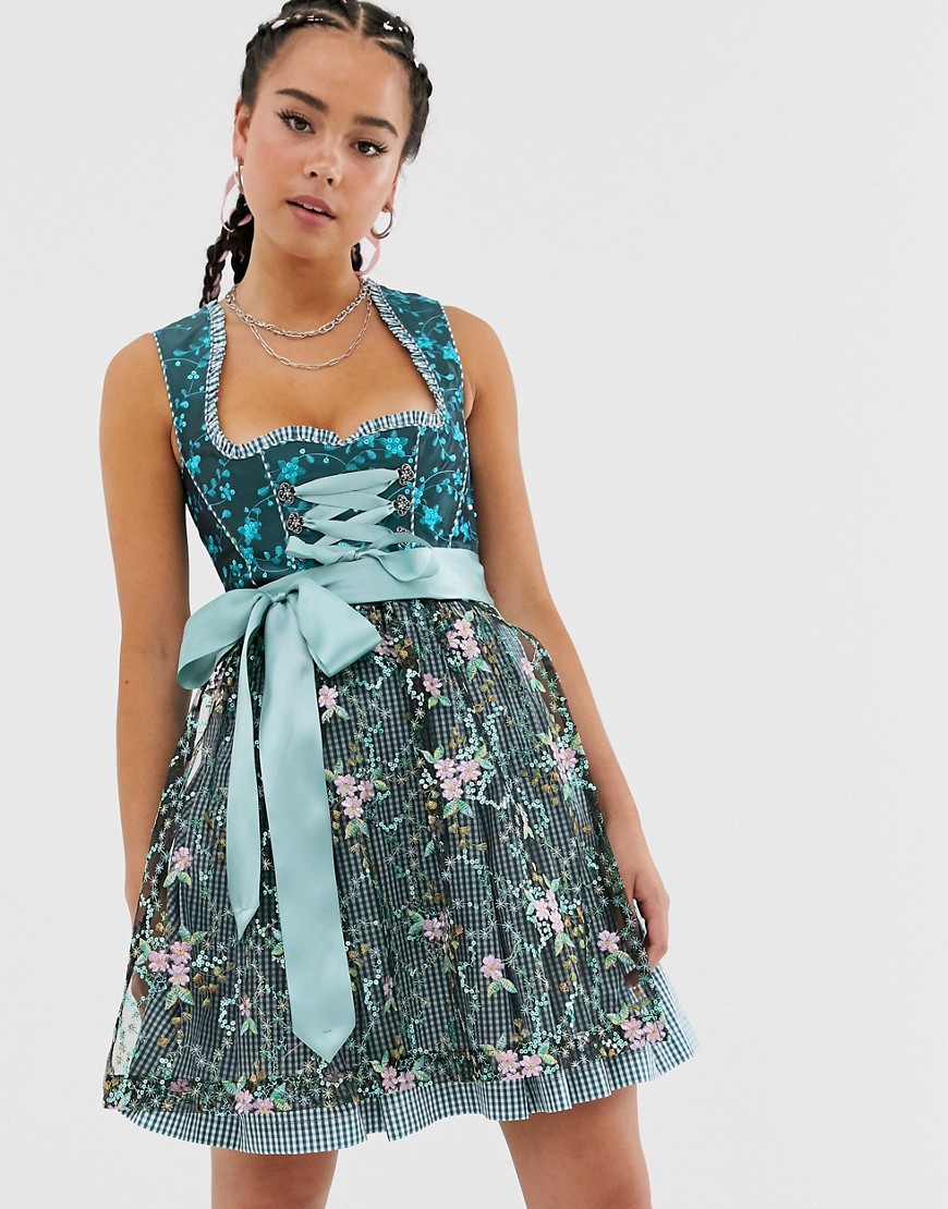Платье-дирндль для Октоберфеста с кружевным фартуком и отделкой пайеткми Dirndlalm-Синий