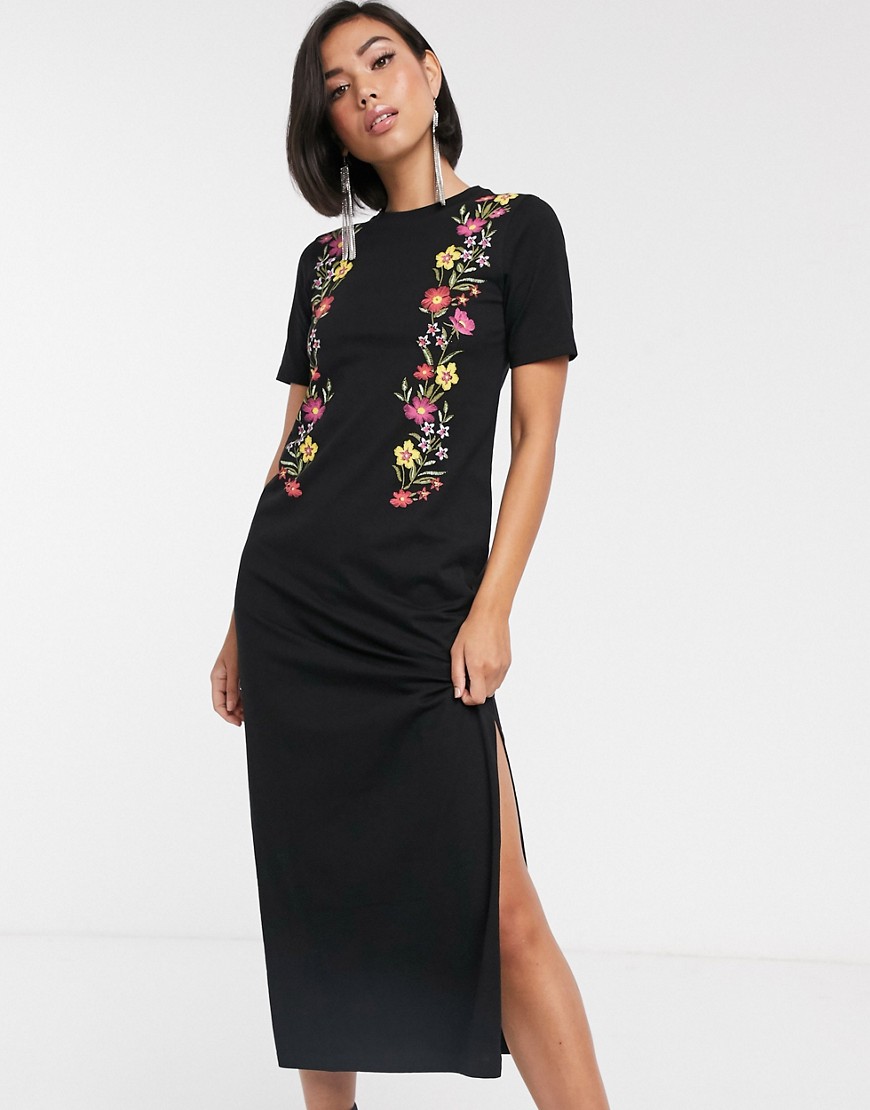 фото Платье-футболка миди с цветочной отделкой asos design-черный