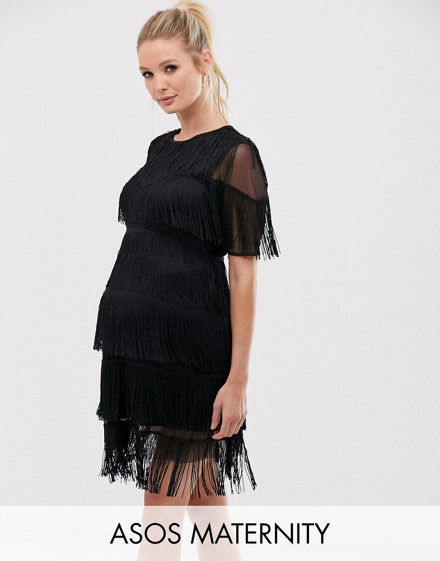 фото Платье-футболка мини с бахромой asos design maternity-черный asos maternity