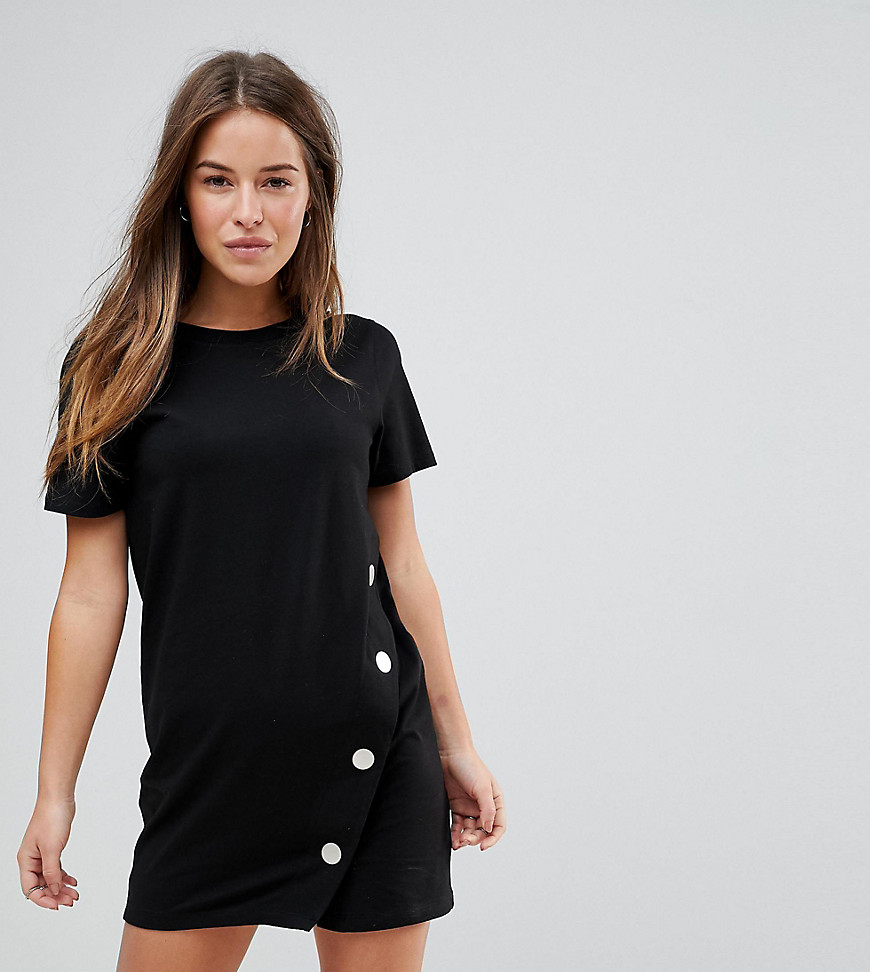 фото Платье-футболка мини с кнопками asos petite-черный