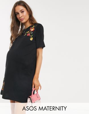 фото Платье-футболка мини с вышивкой asos design maternity-черный asos maternity