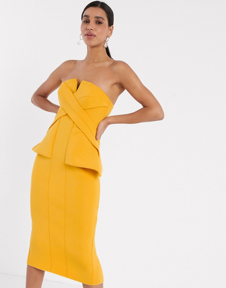 фото Платье-футляр миди горчичного цвета с лифом бандо asos design-желтый