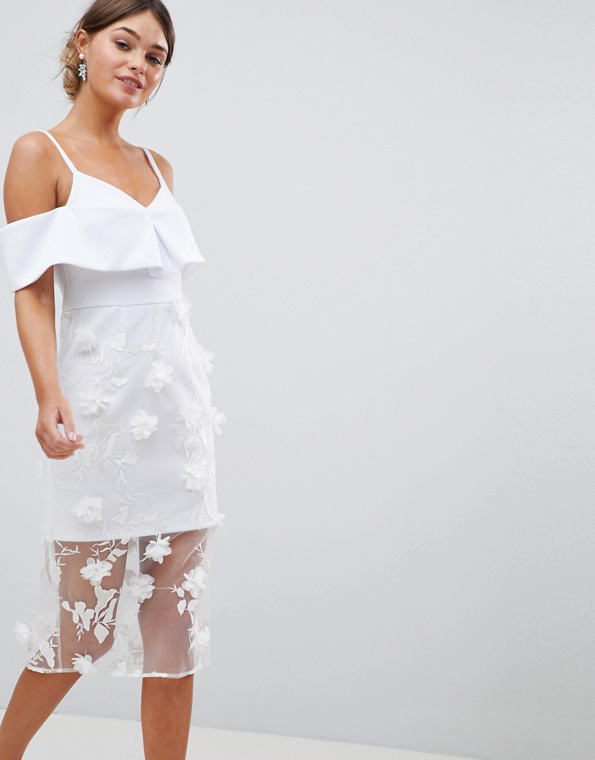 фото Платье-футляр миди с открытыми плечами и цветочной 3d-отделкой asos design-белый