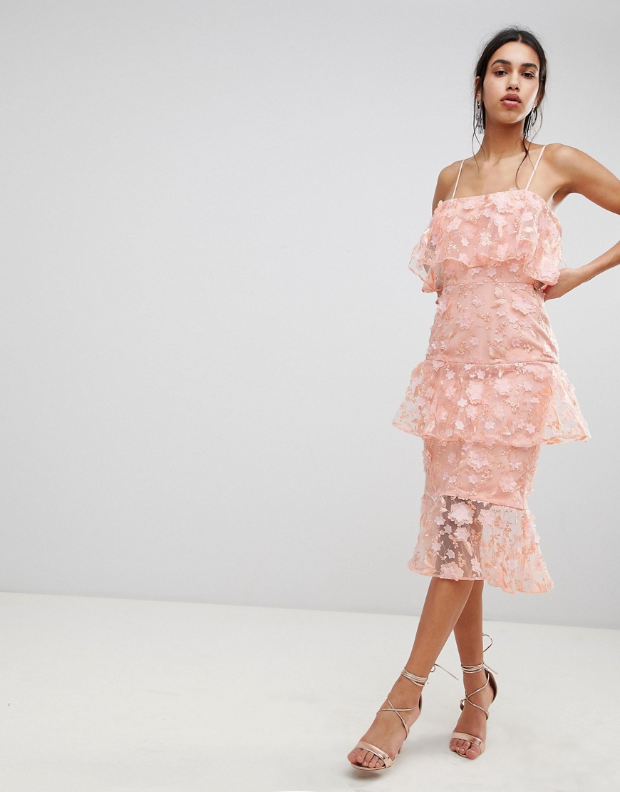 фото Платье-футляр миди с цветочной вышивкой 3d asos design-розовый