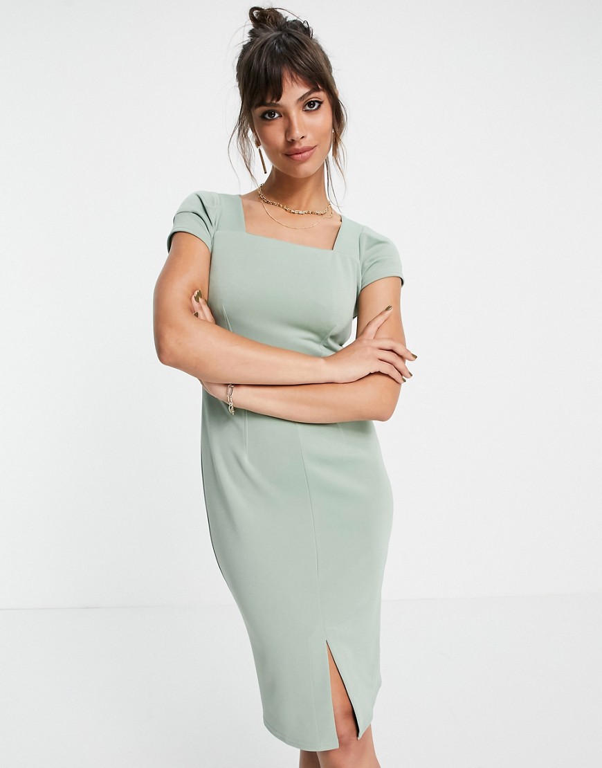 Платье-футляр шалфейно-зеленого цвета с квадратным вырезом и короткими рукавами Closet London-Зеленый