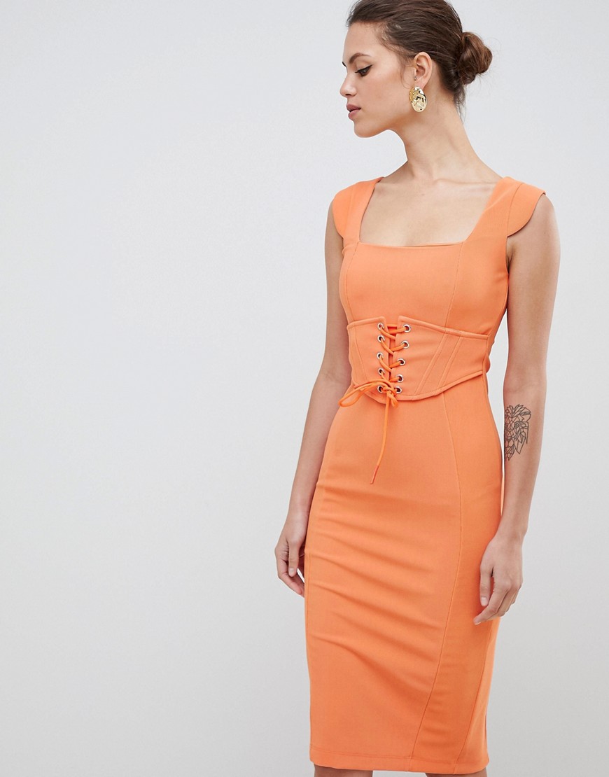 фото Платье-футляр в рубчик с корсетом asos premium-оранжевый asos design