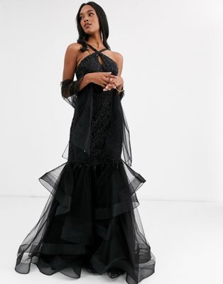фото Платье-халтер с оборками на юбке jovani-черный