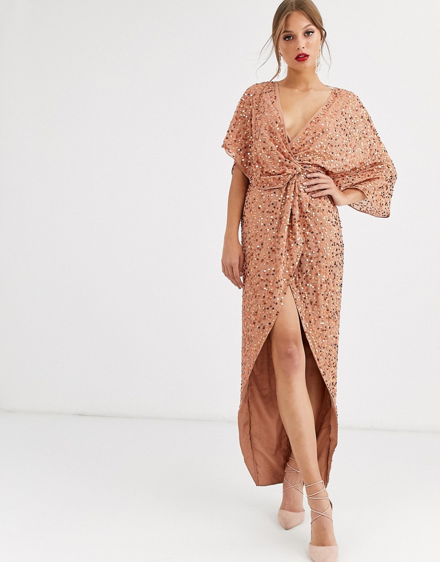 Платье-кимоно макси с перекрученной отделкой спереди и пайетками ASOS DESIGN-Коричневый