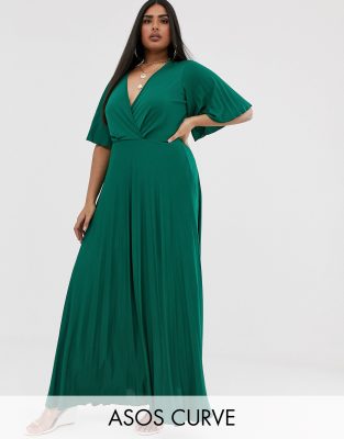 фото Платье-кимоно макси с плиссировкой asos design curve-зеленый asos curve