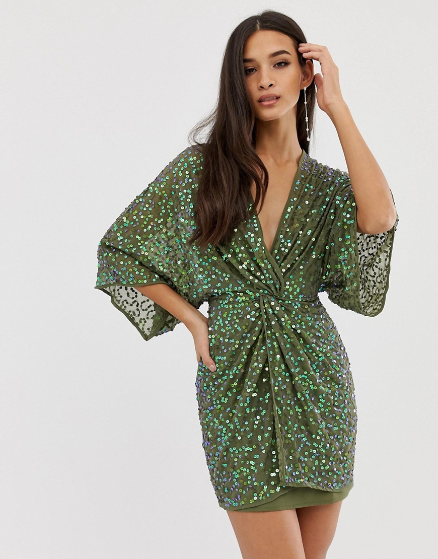 Платье-кимоно мини с пайетками и узлом ASOS DESIGN-Зеленый цвет