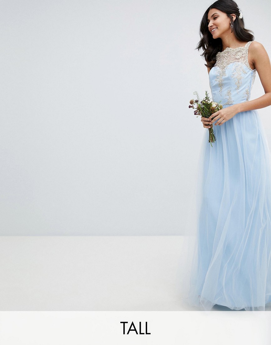 фото Платье макси без рукавов с кружевом и юбкой из тюля chi chi london tall-синий