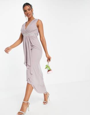   Asos Платье макси для подружки невесты серовато-лавандового цвета с драпировкой спереди TFNC Bridesmaid-Фиолетовый цвет