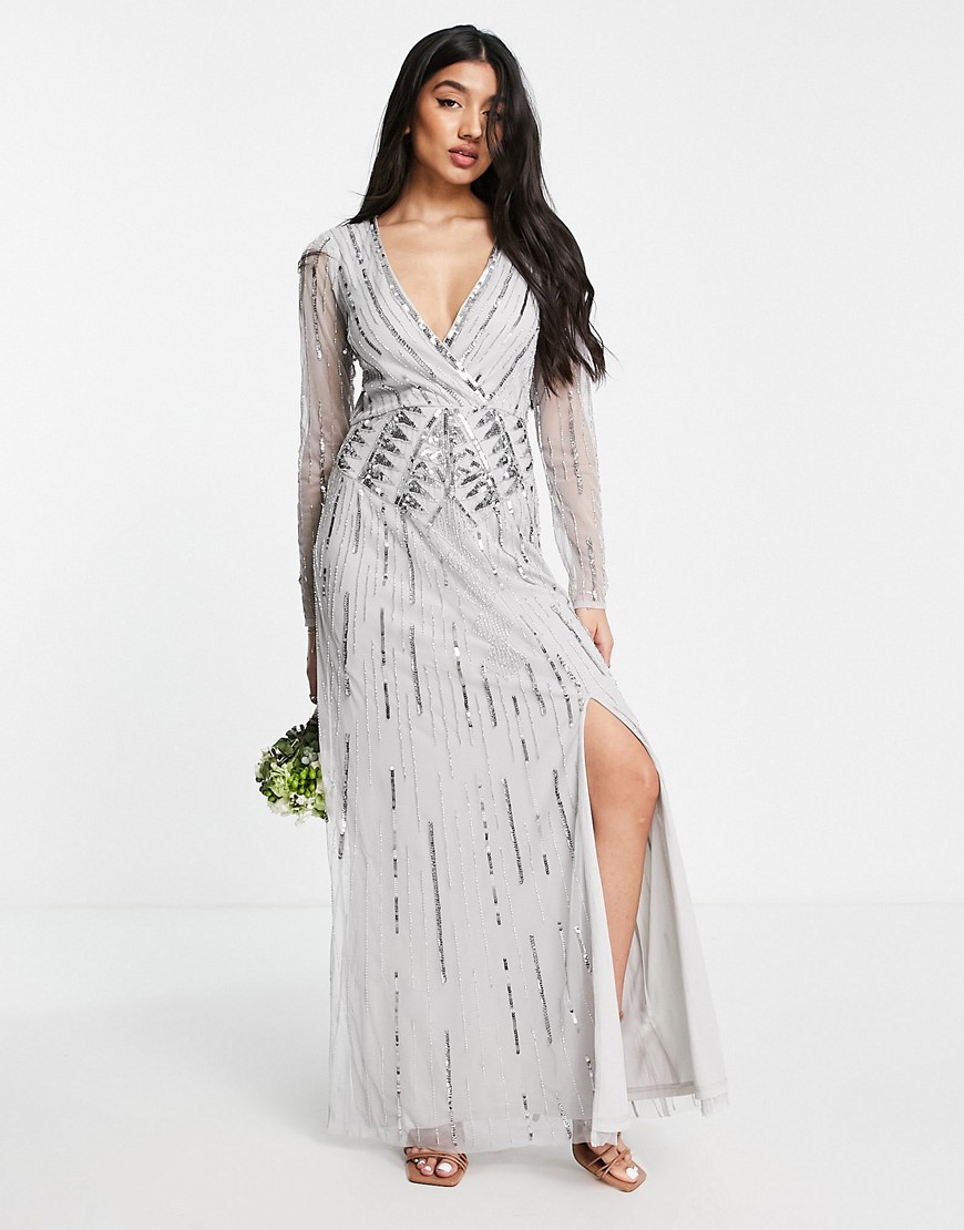 Платье макси светло-серого цвета со вставками Bridesmaid-Серый Frock And Frill 103875743