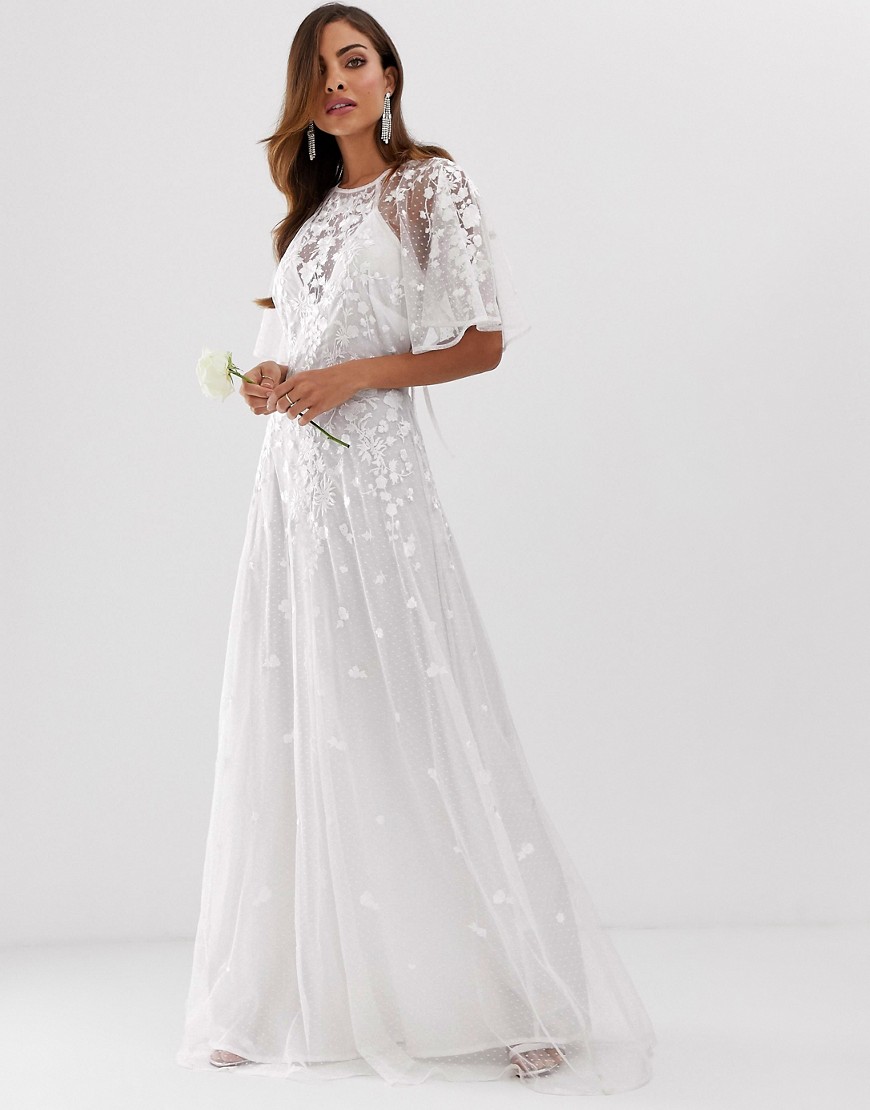 фото Платье макси из сетчатой ткани добби с цветочной вышивкой и рукавами клеш asos edition wedding-белый